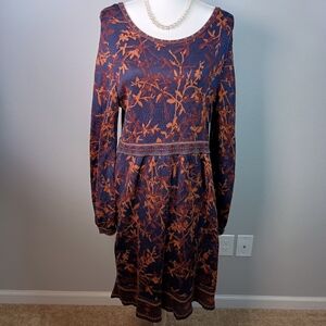 Peruvian Connection XL Boho Floral Autumn Cottagecore Round Neck Midi Dress